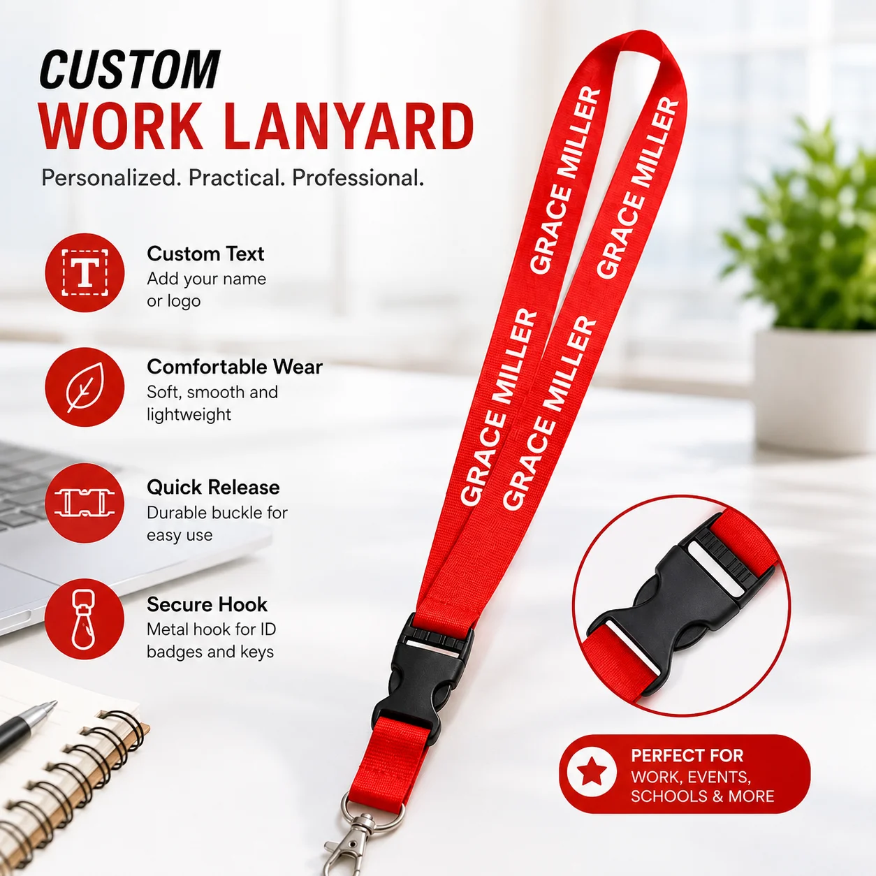 Custom Work Lanyard with Buckle Personalized Text Neck Strap UV Printed ID Badge Lanyard for Office Staff Auto Show Event Use image 5