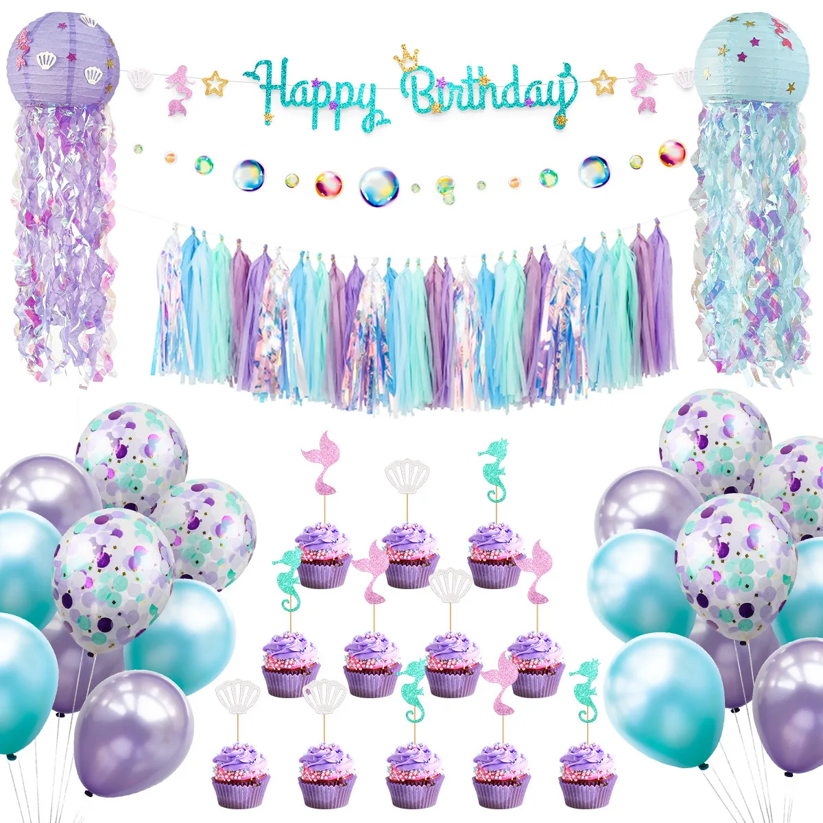 

Ocean Mermaid themed birthday party decoration set, jellyfish lantern, tassel, bubble, flower, flag, cake topper