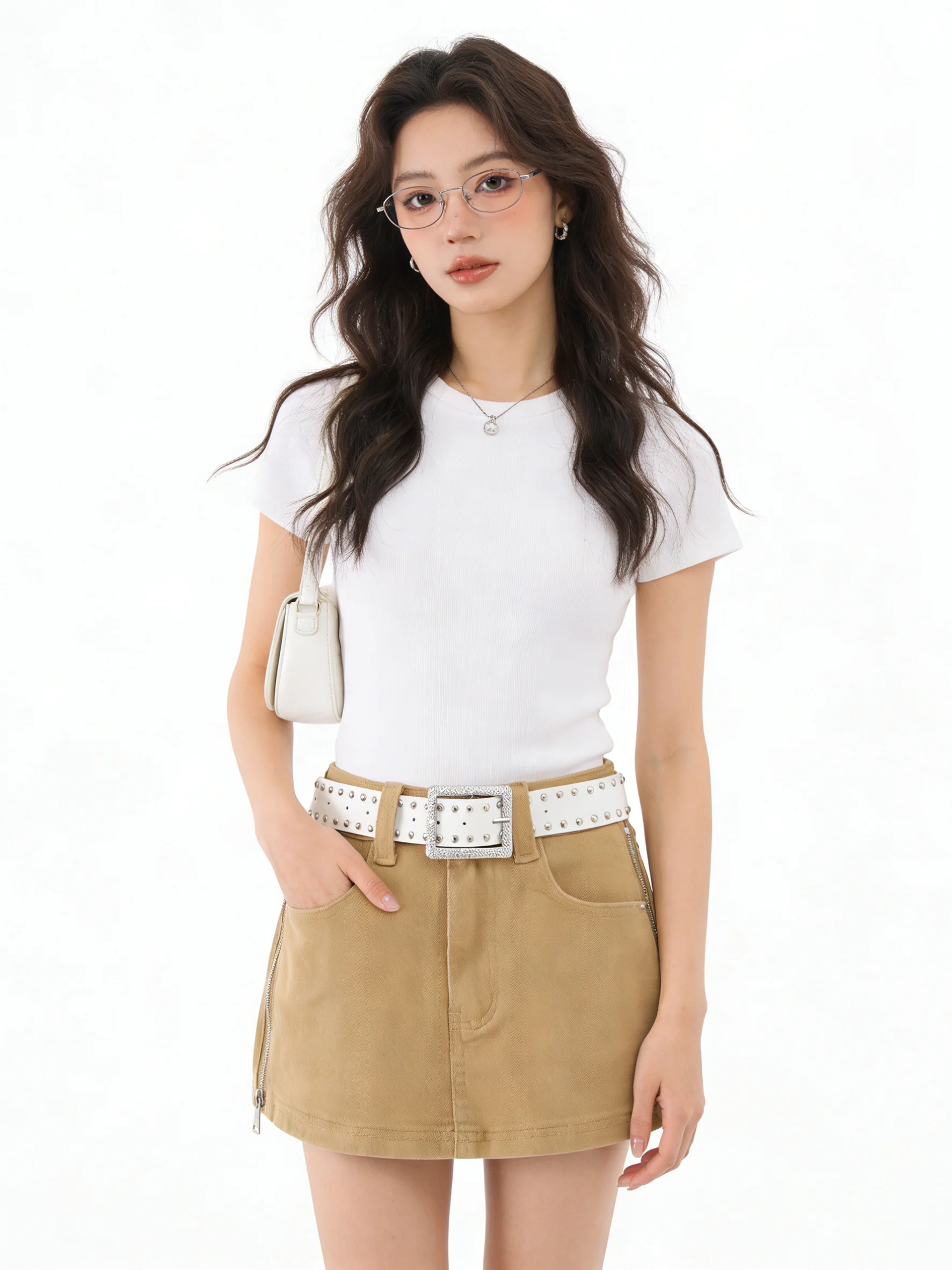 Summer Korean Style Khaki Denim A-Line  Skirt Zipper Rivet Design Slimming High Waist Short Women's Skirt Casual High Wai...