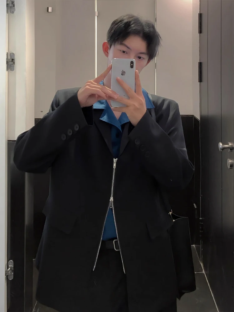 

Мужской повседневный стильный черный пиджак на молнии, модный городской, с длинными рукавами, свободного кроя, однобортный, из полиэфирного волокна