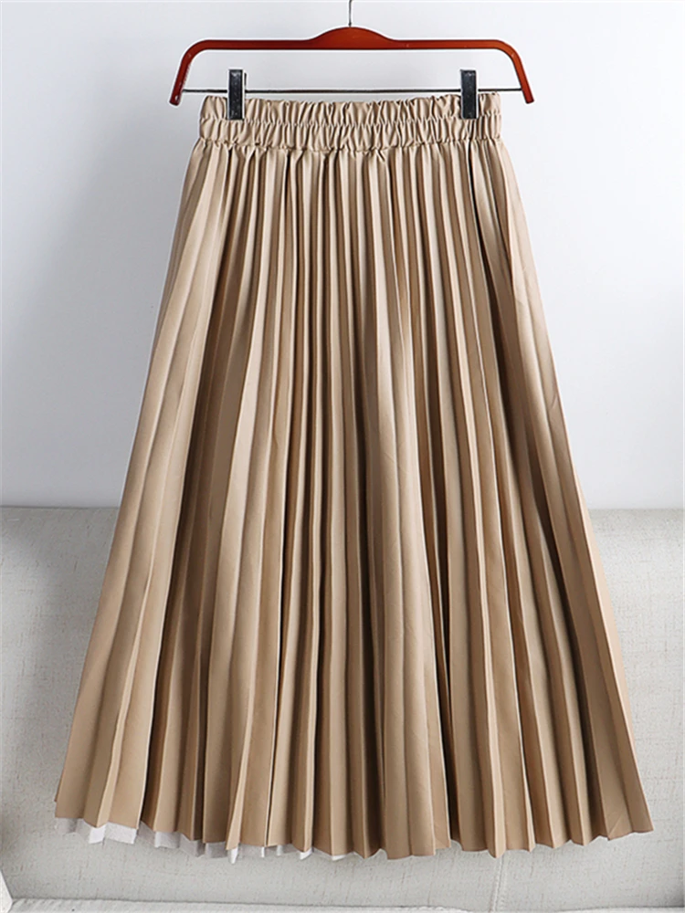 Seoulish 2022 New Autumn Winter Faux PU Leather Pleated Skirts Solid High Waist  All-match Elegant Umbrella Midi Skirt Female