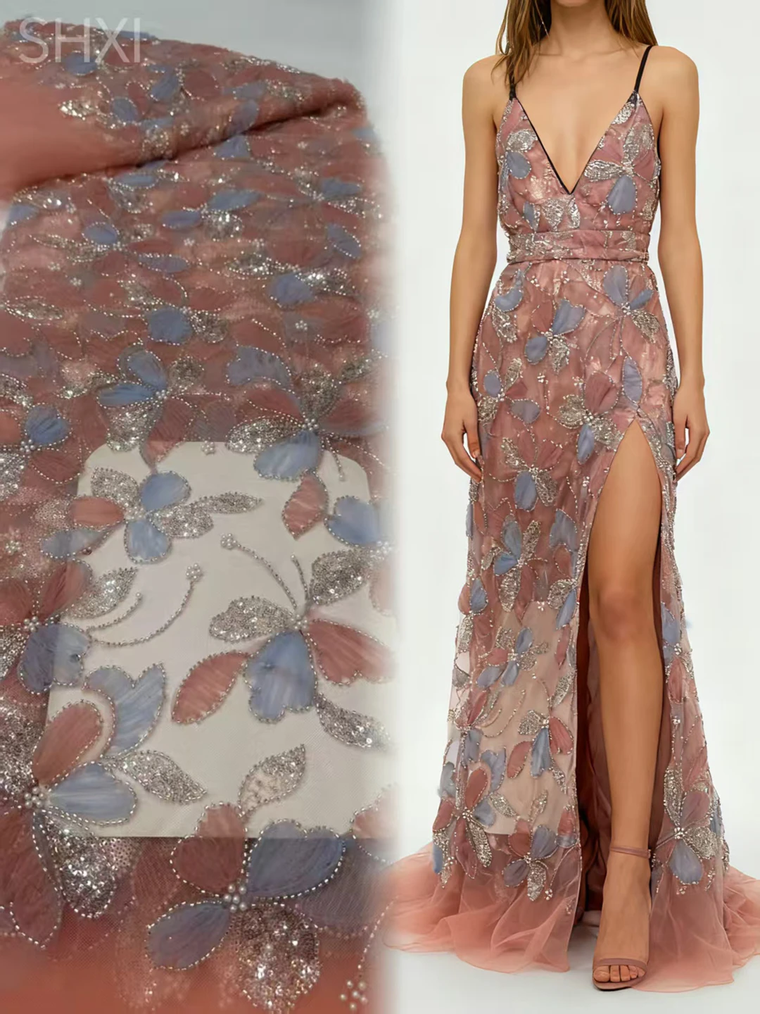 قماش دانتيل مطرز بالكامل ثلاثي الأبعاد مع ترتر قابل للتمدد، JIT جاهز للشحن لفساتين الحفلات وحفلات الزفاف وحفلات السهرة