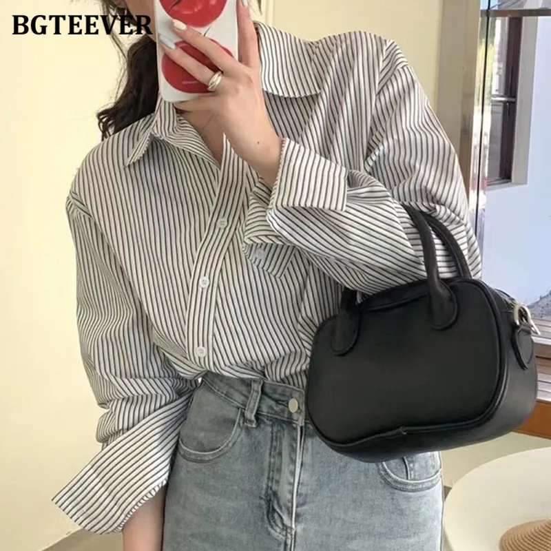 BGTEEVER Casual Lapel Women Striped Blouses Spring Summer Long Sleeve Single-breasted Shirts Blusas for Women