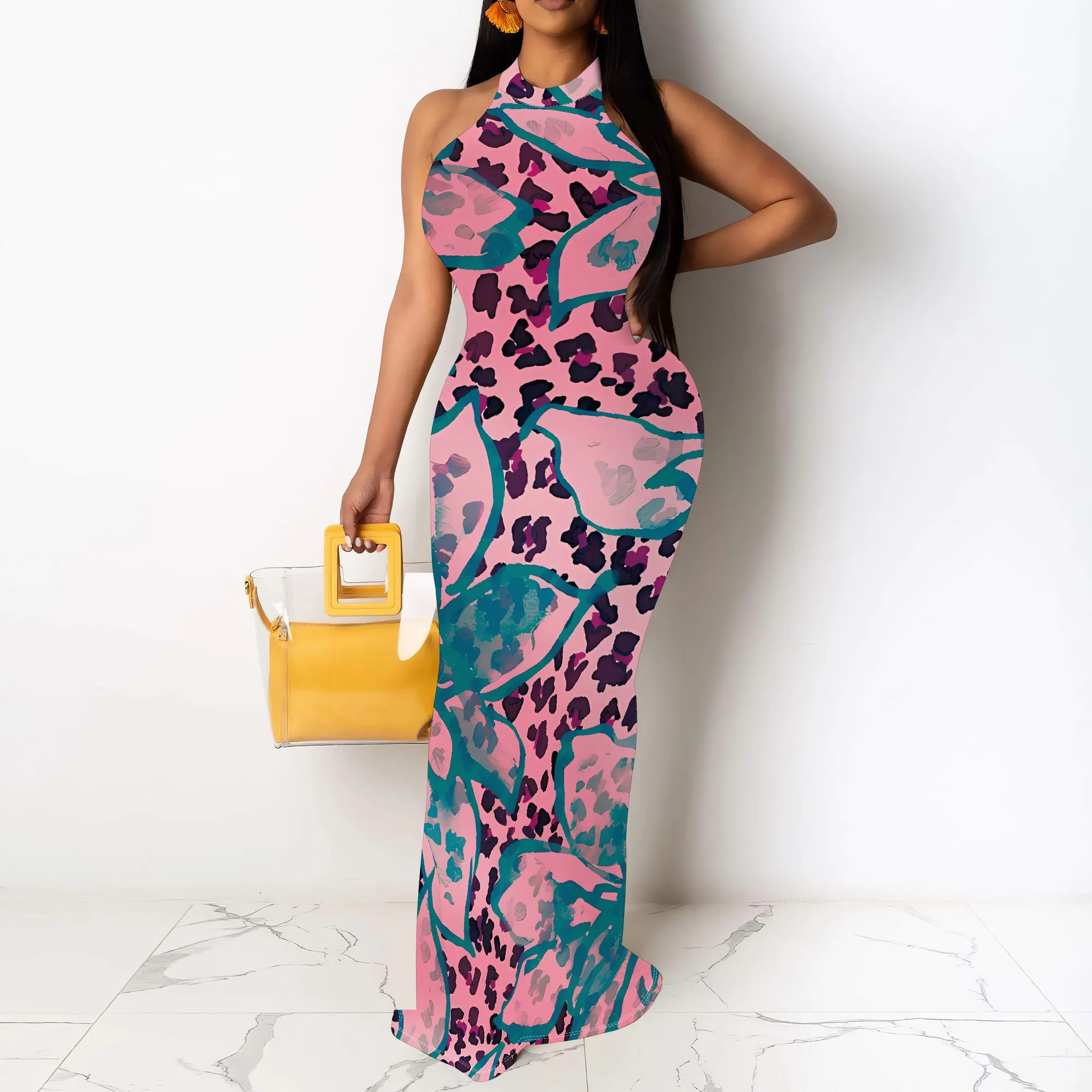 Nupusa Leaf & Leopard Print Dress 여성용 레귤러 사이즈 여름 캐주얼 홀터넥 민소매 맥시 드레스