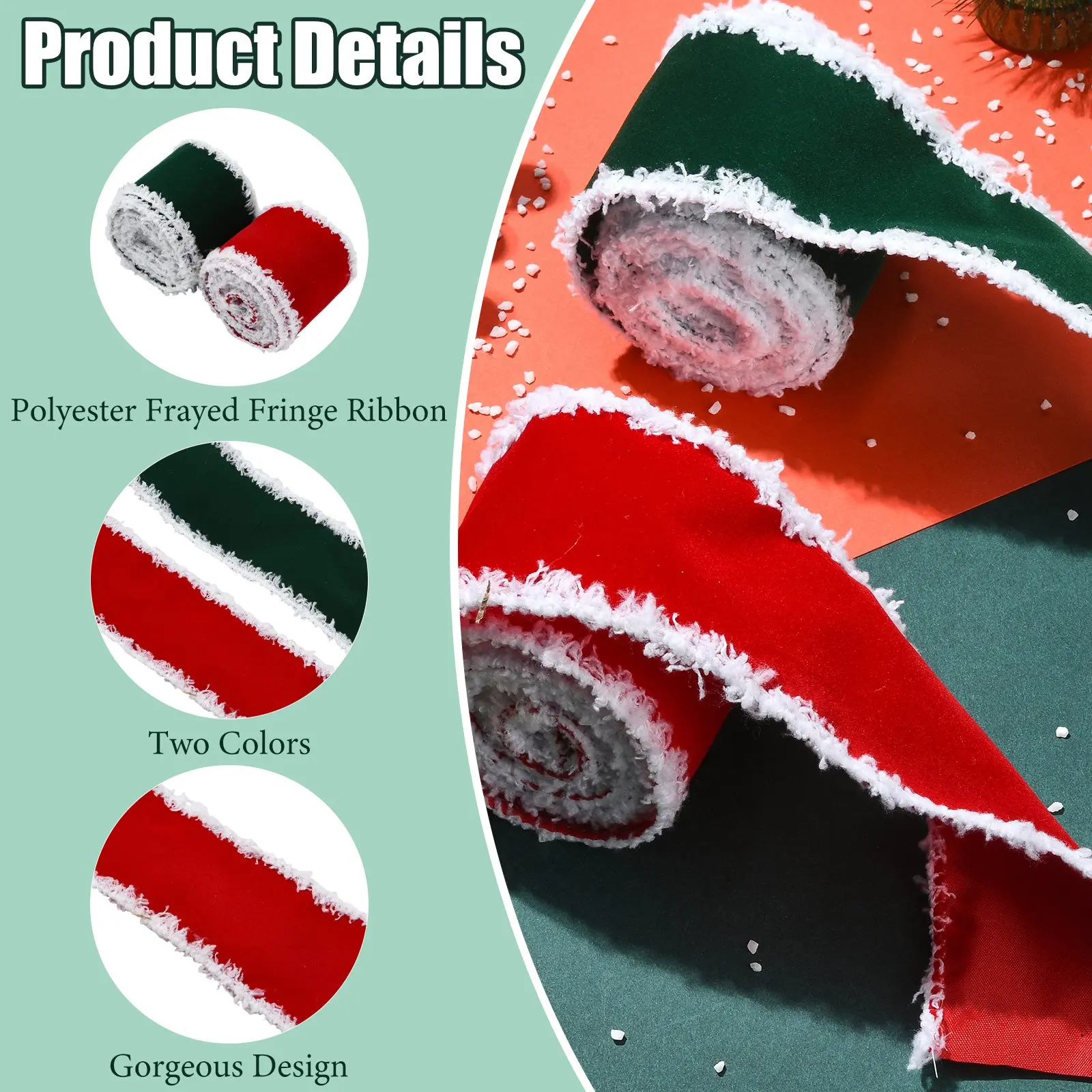 PandaHall 2 Rollen 2 Farben Polyester-Fransenband für Weihnachten, 63mm x 4,57m/Set für Geschenkverpackung, Blumenstrauß-Dekoration – Detail 3