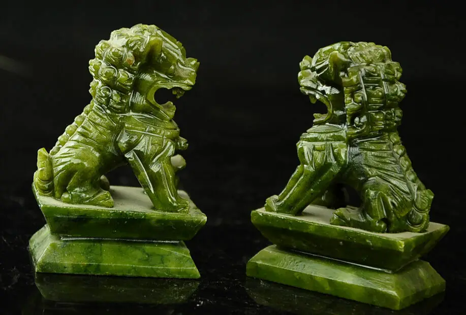 Rare A pair of 100% China natural green jade hand-carved statues fo dog lion