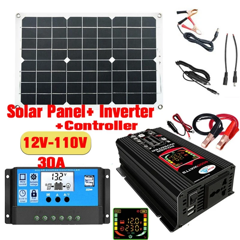 Solar Panel Kit Complete 6000W Modified Sine Wave Inverter LCD Display Dual USB DC12V To With 30A Solar Controller