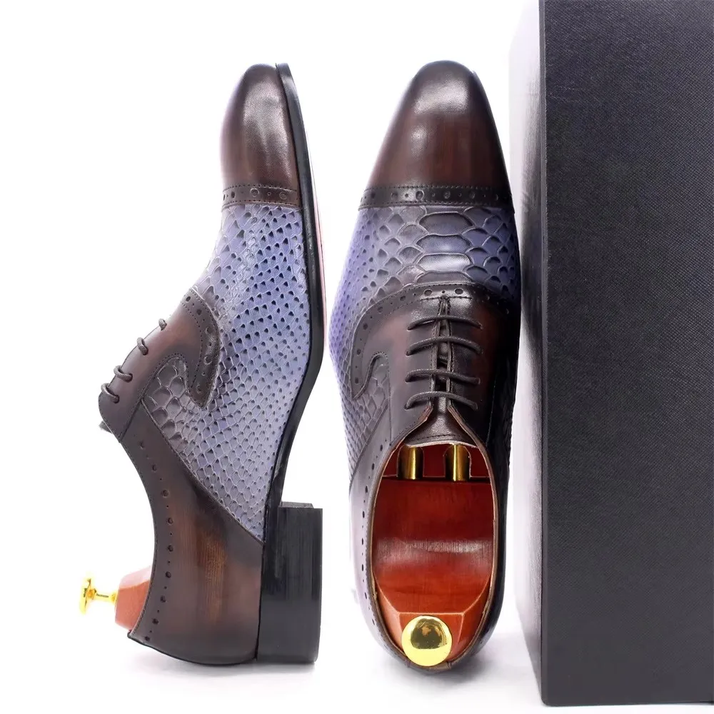 Men Leather Shoes Snake Pattern Genuine Leather Pointed Toe Men Color Matching Formal Men Shoes Business Casual Leather Shoes