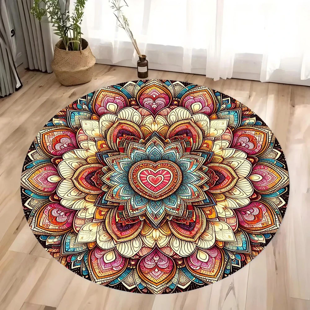 Colorful 3D Mandala Mystery Chakra Print Round Rug Meditation and Yoga Non-Slip Machine Washablefor Bedroom and Living Room