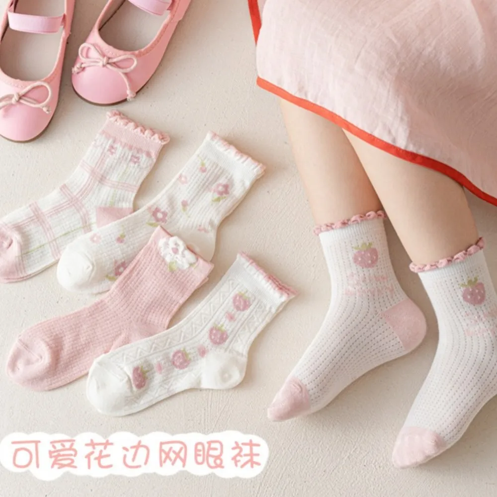 

Детские хлопковые носки, дышащие сетчатые носки, детские носки до середины икры с клубничным кружевом для девочек, детские носки в стиле принцессы, meias infantil