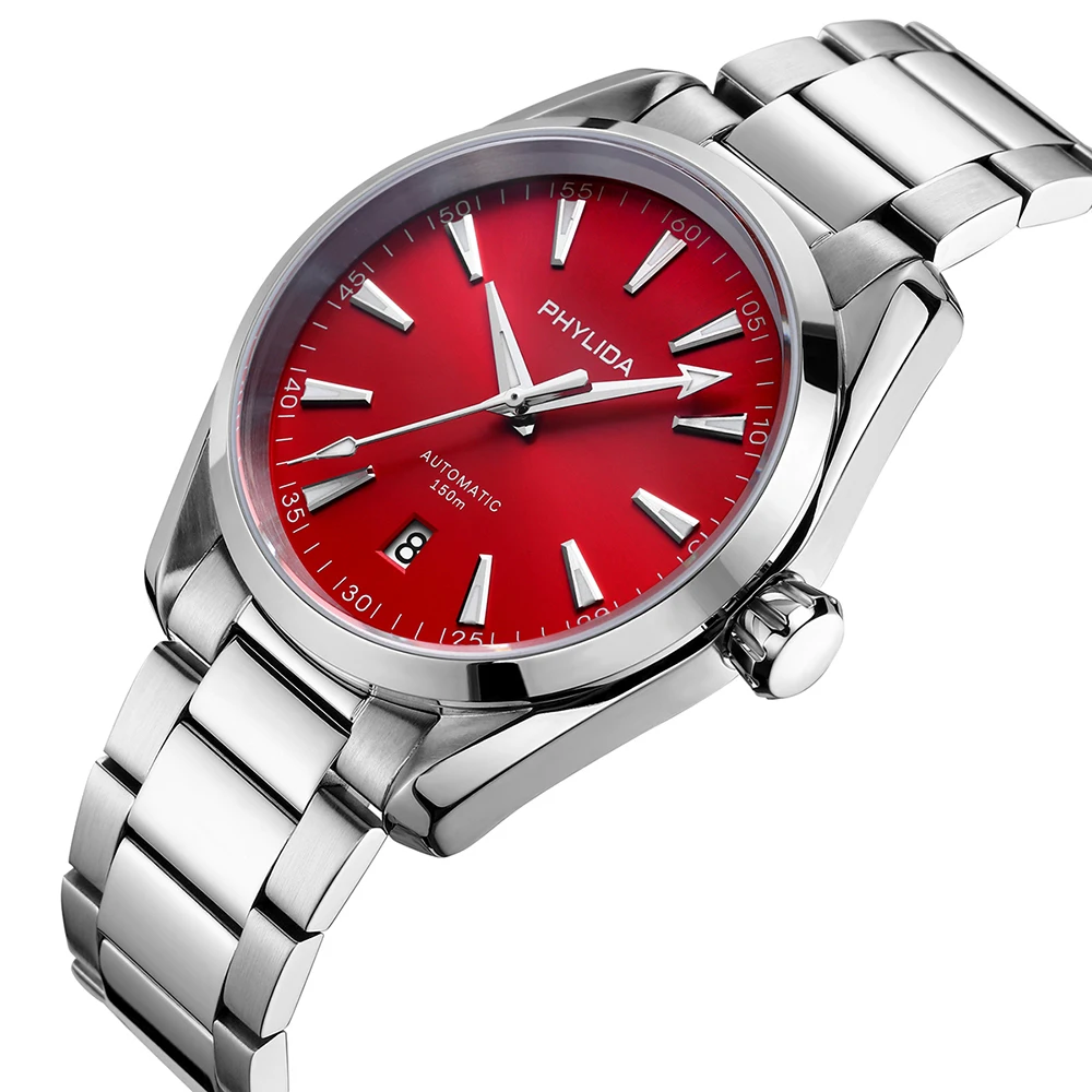 PHYLIDA New Red Dial Aqua 150m Automatic Watch Sapphire Crystal NH35A Wristwatch 100WR Diver Watches for Men