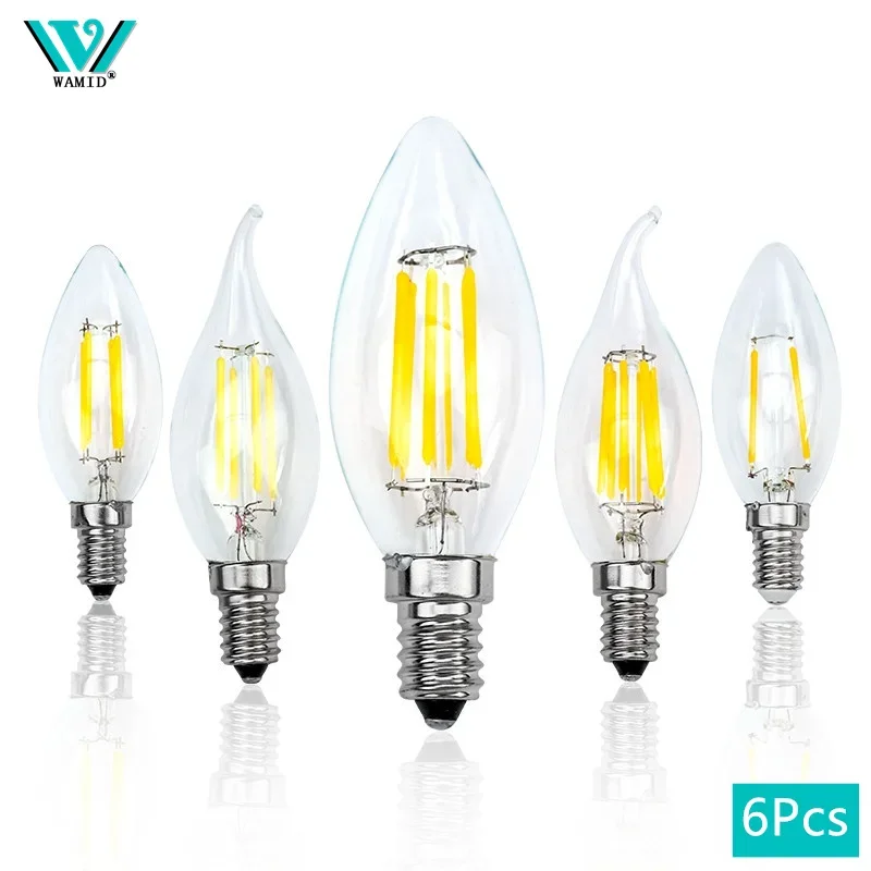 6pcs Retro Edison E14 2W 4W 6W 8W LED Filament Bulb Lamp AC 220V-240V Light Bulb C35 C35L Glass Bulb Vintage Candle Light