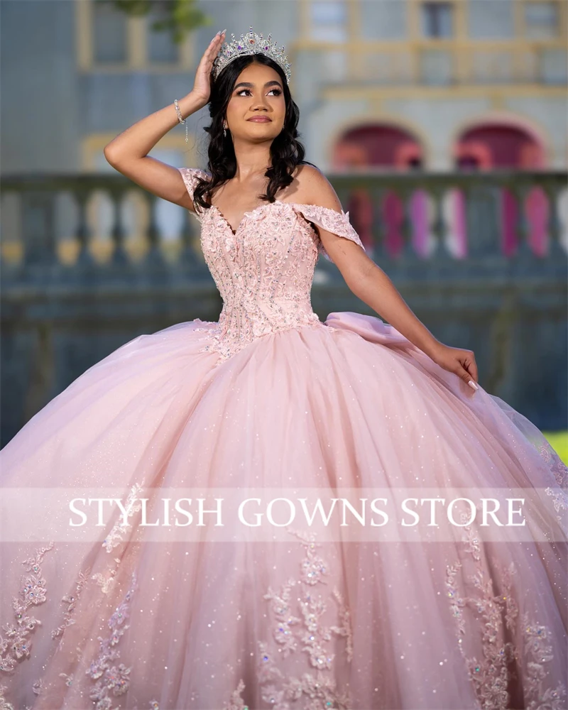 Mexico Pink Off The Shoulder Quinceanera Dresses Ball Gown Bead Appliques Graduation Dress Party Dresses robes de soirée