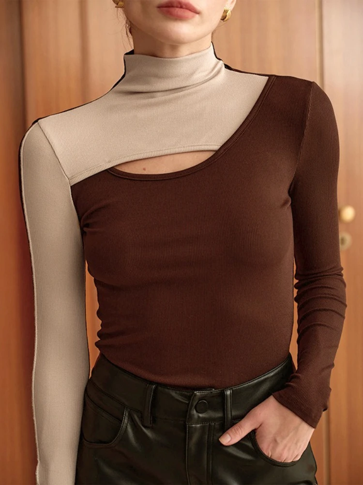 Contrast Hollow Out Elegant Bottoming Shirt Spring Autumn New Long Sleeve Slim Sexy T Shirt Tops Fashion Casual Women Clothing