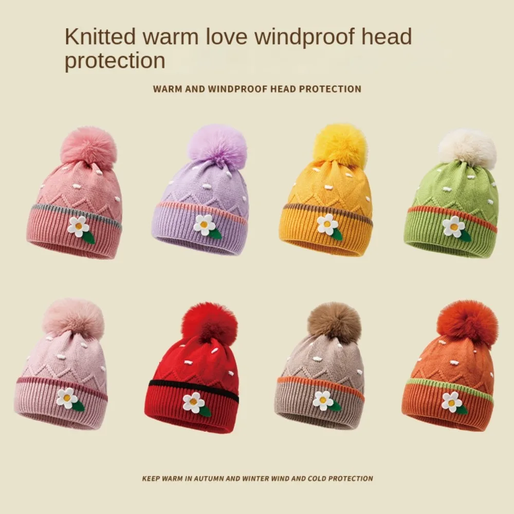 

Cartoon Woolen Balls Knitted Hats Solid Color Warm Baby Hat Soft Thickening Woolen Hats Unisex