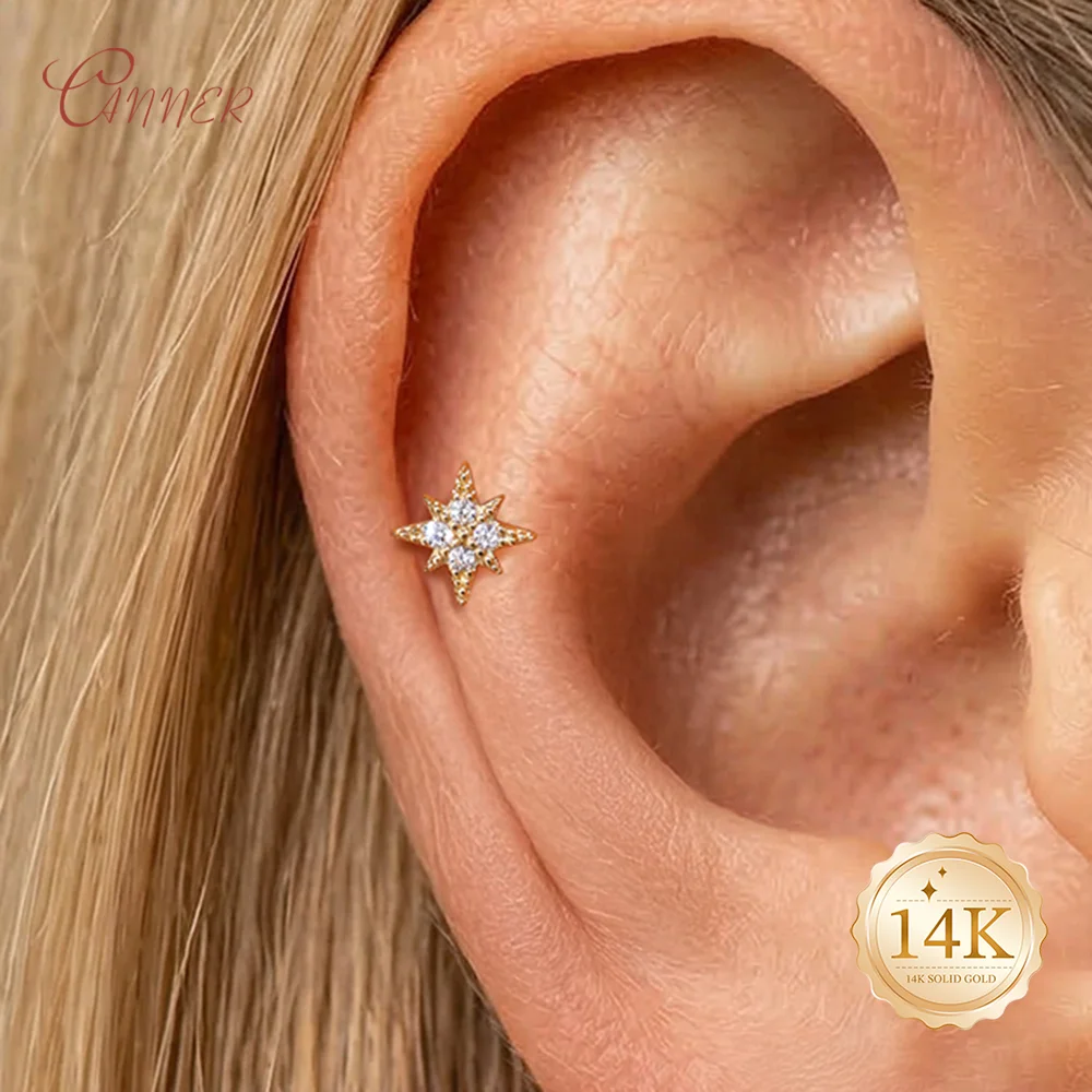 CANNER 14K Solid Gold Minimalist Octagonal Star Piercing Earrings For Women Dainty Luxury Ear Bone Earring Anniversary Gifts