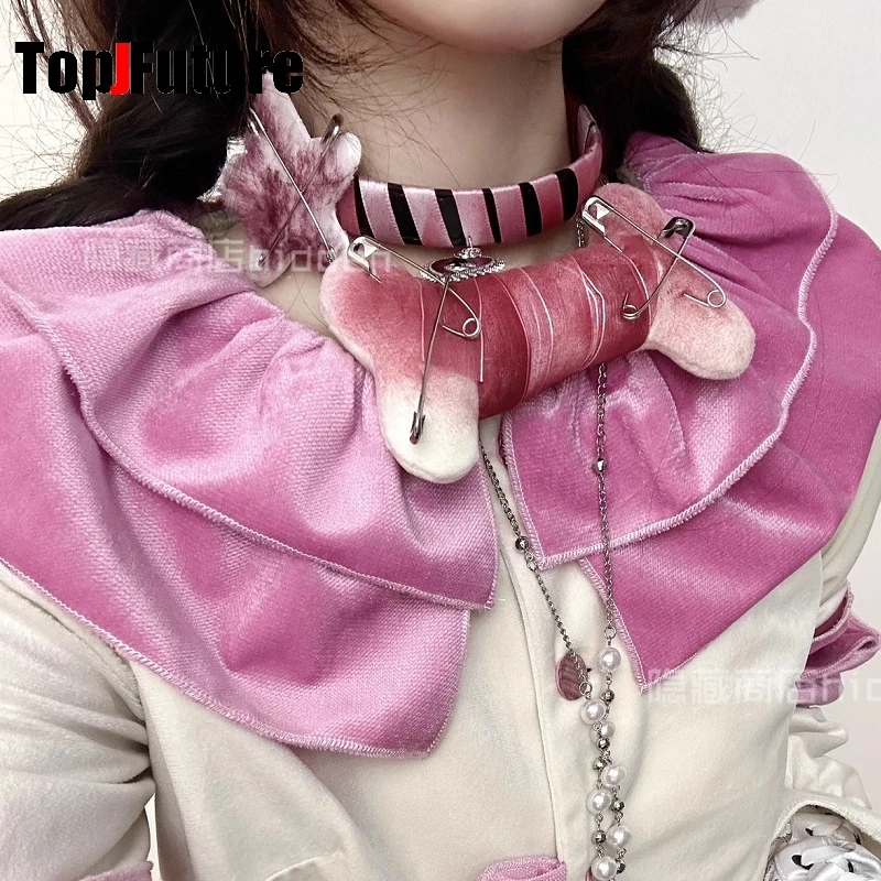 Subculture Women Men Harajuku Gothic Lolita Cosplay Punk  layers necklace Y2K Girl red Plush bone bandage pins chokers