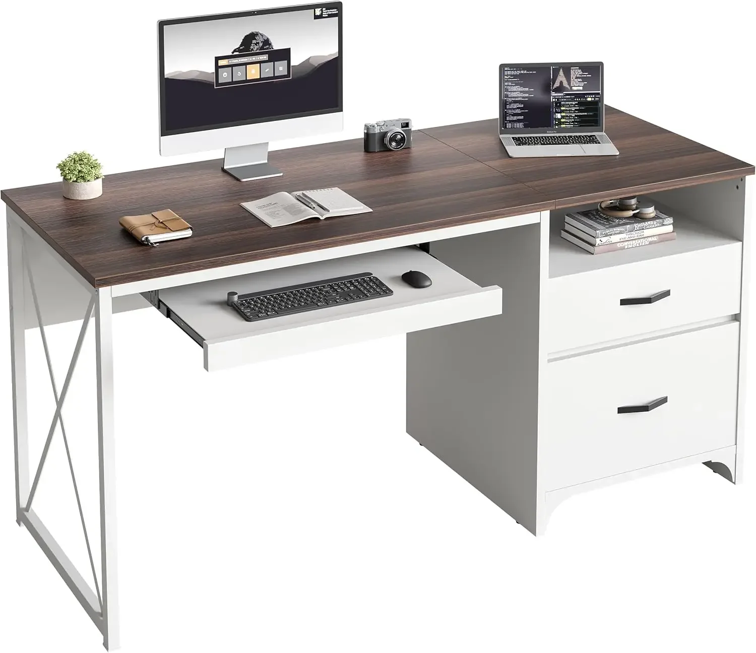 55 inch Industrial Computer Desk with Storage, Wood Teacher Desk with Keyboard Tray & File Drawer for Home Office, Walnut