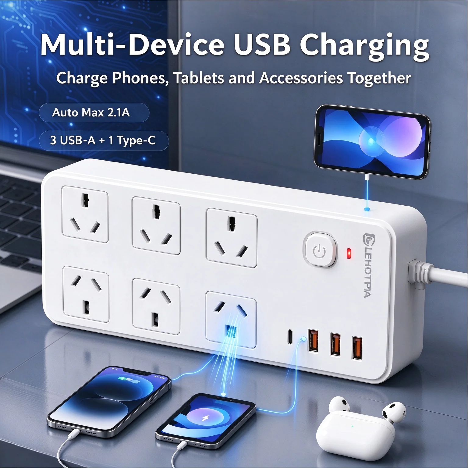 Power Strip 6 AC Outlets 4 USB Ports 1.8M Long Cord AU Plug 2500W High Power Surge Protection Powerboard for Home Office
