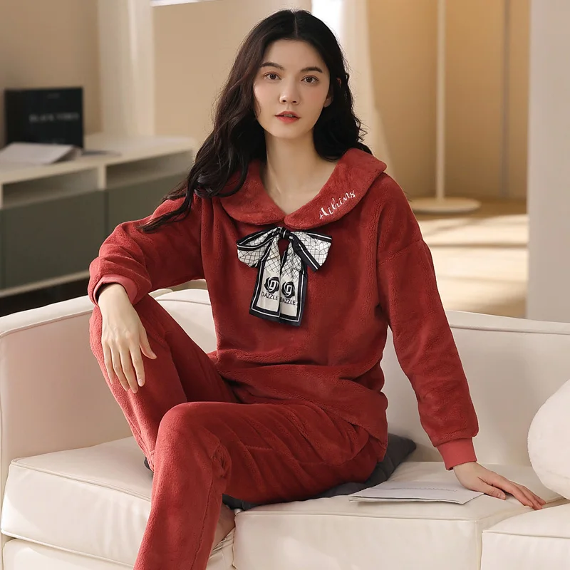 Newest Winter Women Flannel Pajamas Set Female Thick Warm Solid Casual Home Clothing