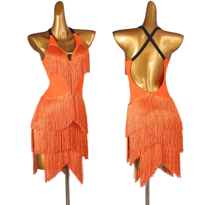 

Женские латинские платья с бахромой, без рукавов, с оранжевыми кисточками, для самбы и румбы, профессиональная одежда для выступлений, костюм для соревнований VDL3430