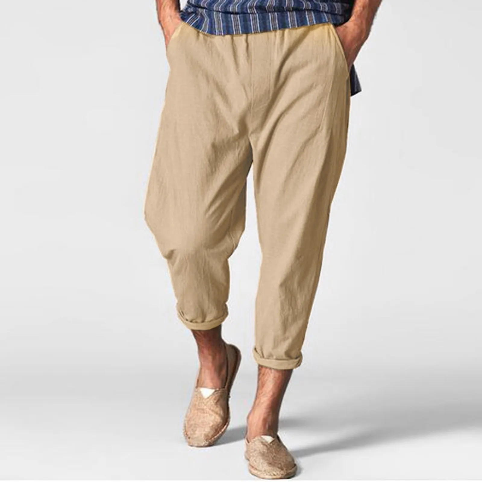 Male Casual Solid Trouser Pant Ankle Length Pant Pocket Elastic Waist Pants Trouser Loose Casual Pant Power Pants