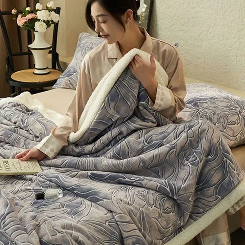 Vintage Printed Double-Layer Thick Blanket Nordic Autumn Winter Warm Lamb Wool Blankets Multifunctional Naked Sleeping Quilt