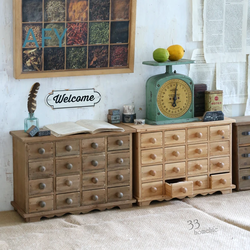 Mini Wooden Cabinets for Country Retro Vintage Wood Furniture 16 Drawers Storage Cabinet for Living Room Bedroom Home Office