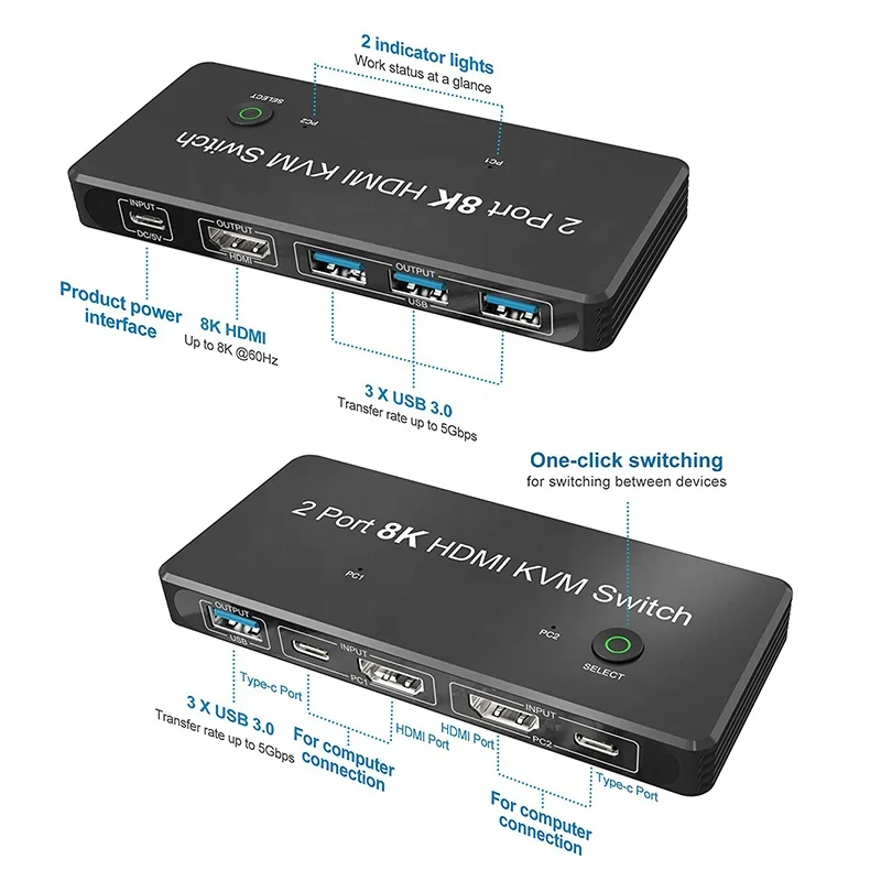 8K 2Port HDMI 2 Port KVM Switch 2x1 2 In 1 Out USB 3.0 KVM Switch HDMI 2.1 Switcher 2 Input 1 Output Support Led Indicators