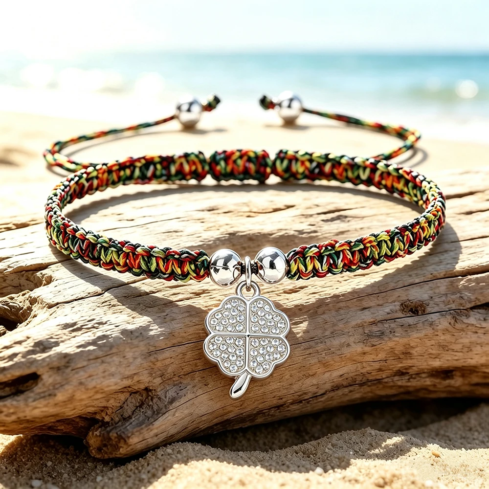 Four Leaf Clover Braided Bracelet Rhinestone Lucky Charm Adjustable Sliding Knot Handmade St Patrick Day Jewelry Gifts For Women