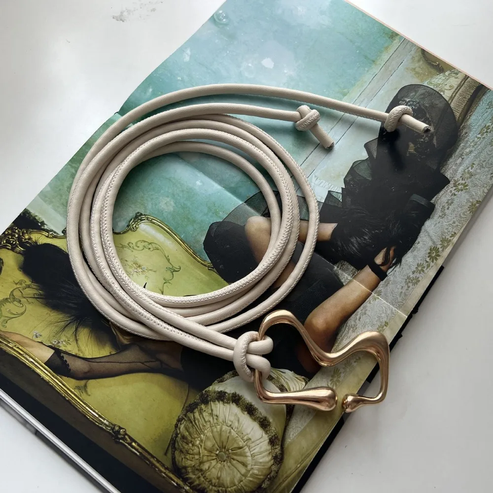 

Casual PU Leather Women Thin Belt Rope Knotted Long String Waist Belt Golden Buckle Waist Chain Ladies Black Straps