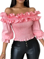 Women Casual Solid Color Ruffles Decor Slash Neck Off Shoulder Shirring Pullover Blouse Top