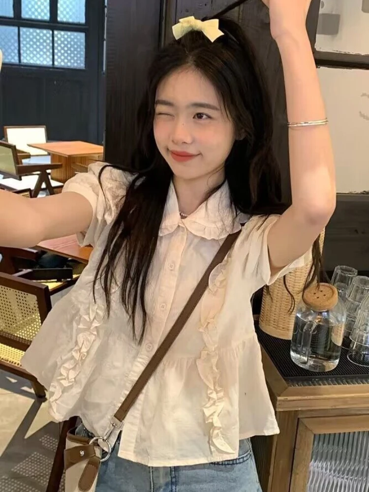 

Sweet New Doll Summer Shirt, Short Top, Bubble Design, French Style, Niche Short-sleeved Loose Shirt