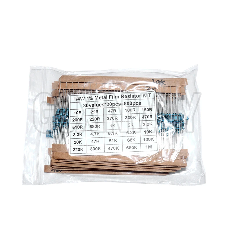 30values Pack Assorted Kit 1/4W 1% Metal Film Resistor KIT 1K 10K 100K 220ohm 1M Resistors