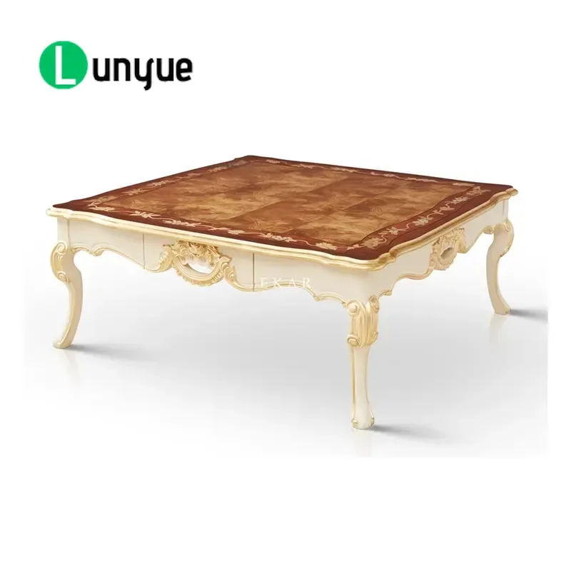 Solid Wood Handmade Antique Oval Coffee Table with Marble Top Hand Carved Rose Art Design Living Room Furniture Hot Sale
