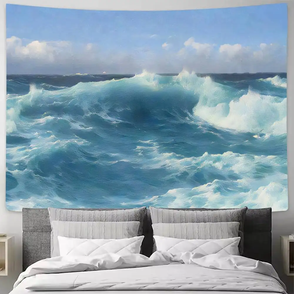 Ocean Waves Seascape Tapestry Vintage Style Sea Storm Surf Blue Sky Cloud Nature Landscape Living Room Home Decor