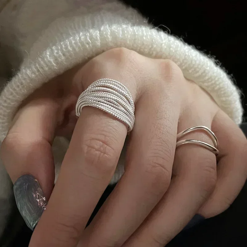 Bague de lignes uniques plaquée argent pour femme, bijoux de doigt vintage réglables, cadeau d'anniversaire de fête, bijoux fantaisie