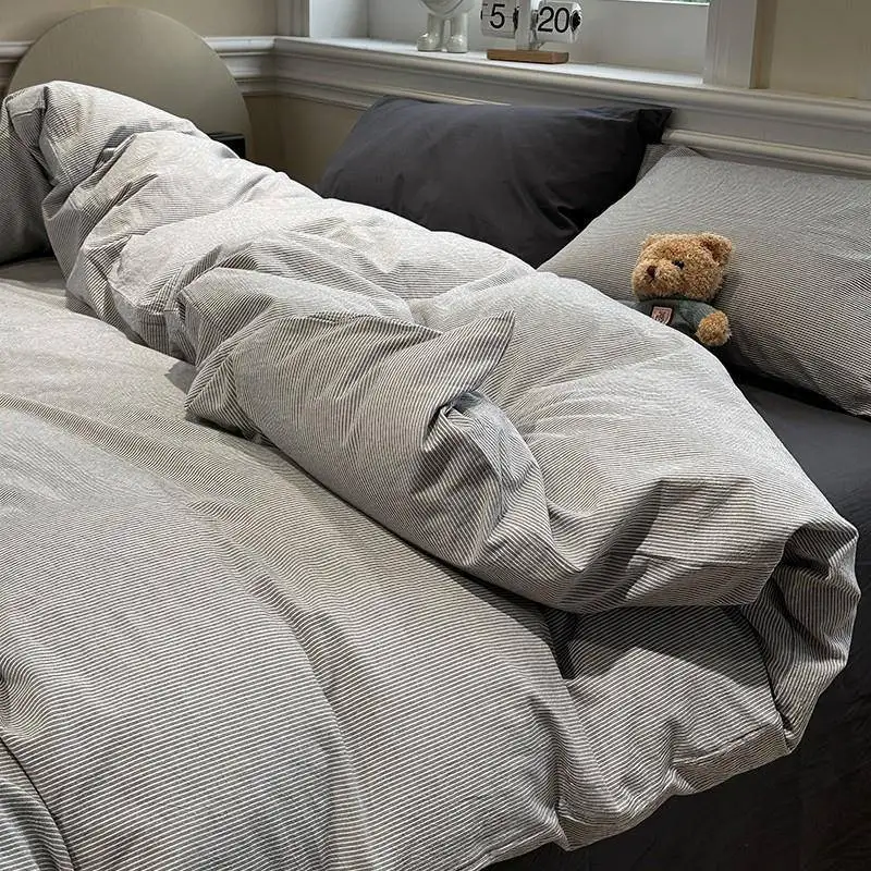 

College Student Bedding Set Quilt Cover Sheet Pillowcase Simple Style Cotton Fabric Washed Cotton Duvet Cover Set for Winter