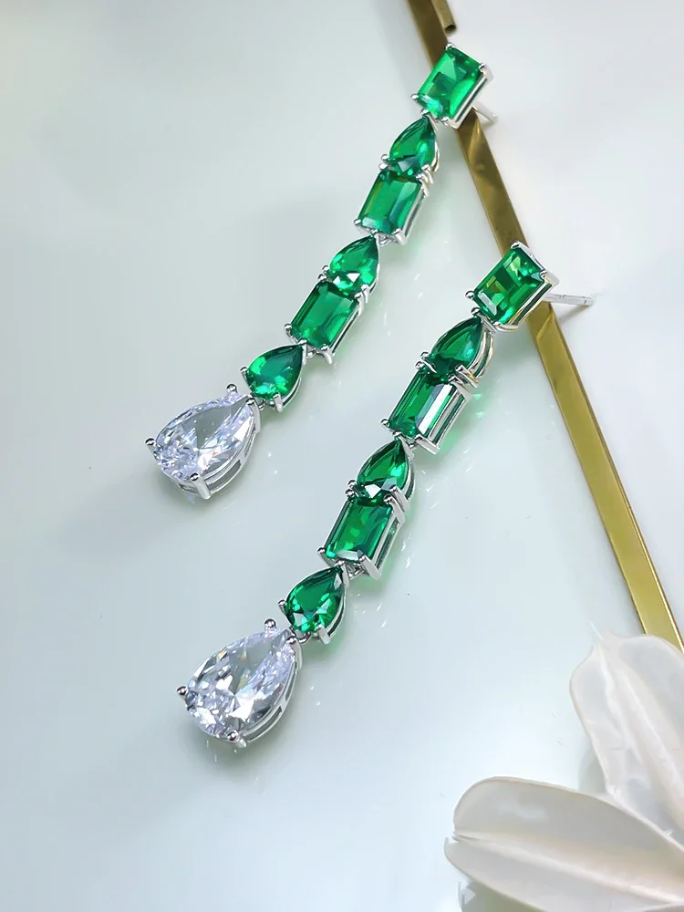Fashion Retro Versatile Grandmother Green Water Drop 925 Sterling Silver Earrings Set with High Carbon Diamond Wedding Jewelry image 2