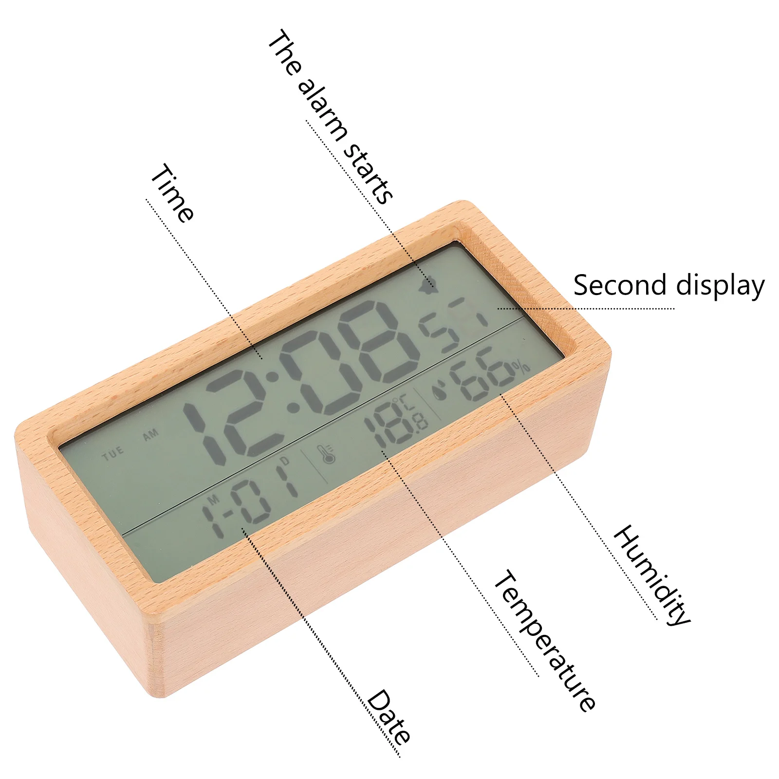 

1Set Wood Digital Alarm Clock Large Screen Temperature Humidity Calendar Multifunction Desktop Hanging Clock Home Office Use