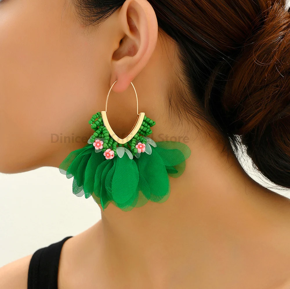 Elegant V-Shape Original Decor Tassel Beaded Flower Dangle Earrings For Women Gift Luxury Fairy Wedding Party Pendnat Jeweley
