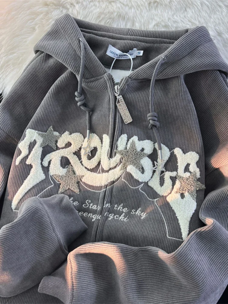 2024 Women American Retro Graphic Hooded Sweatshirts Vintage Streetwear Zip Up Tops Oversized Star Graphics Print Hoodies