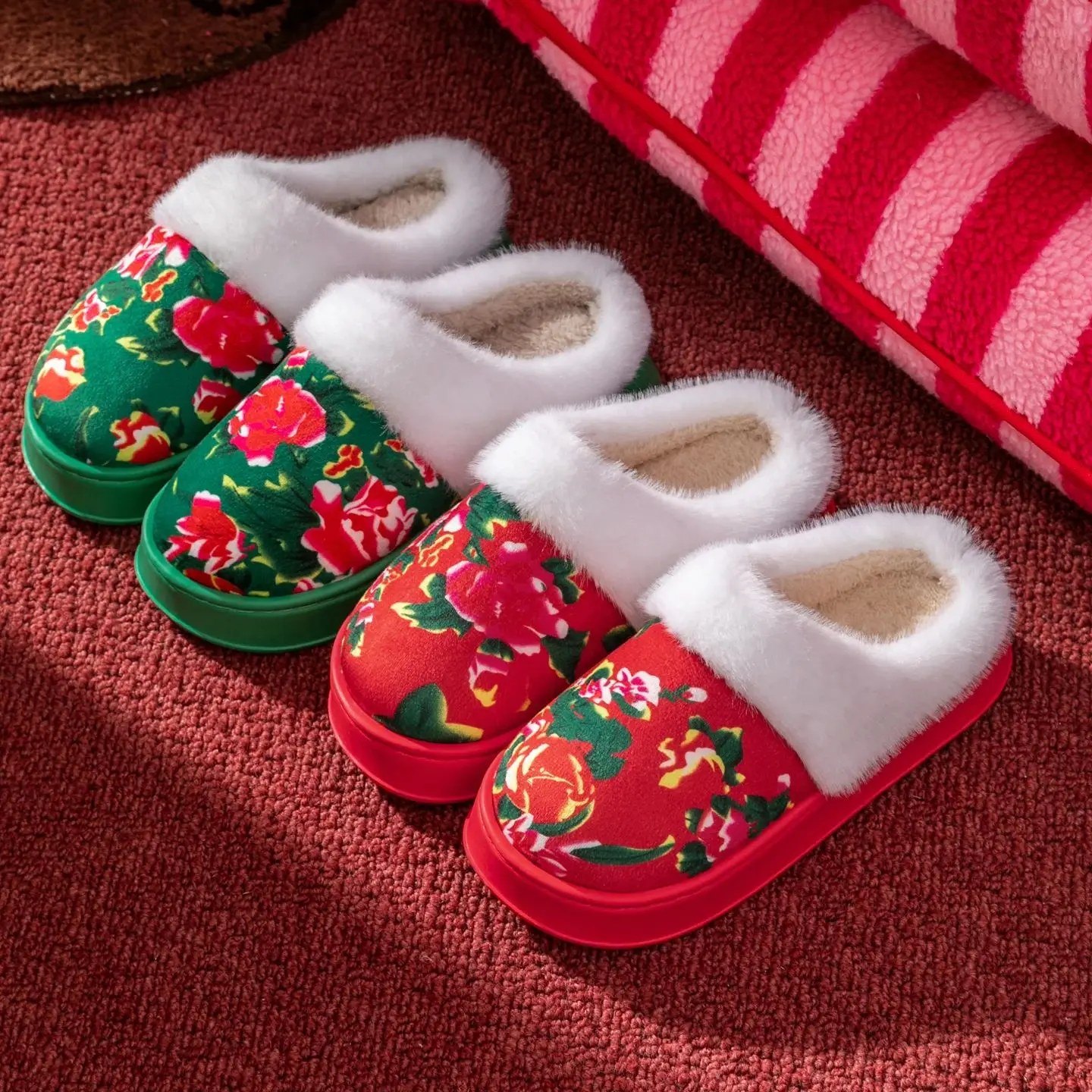 

Winter Warm Floral Women Slippers Plush Lined Non-slip Home Shoes Flower Print Comfortable Anti-odor Unisex House Shoes
