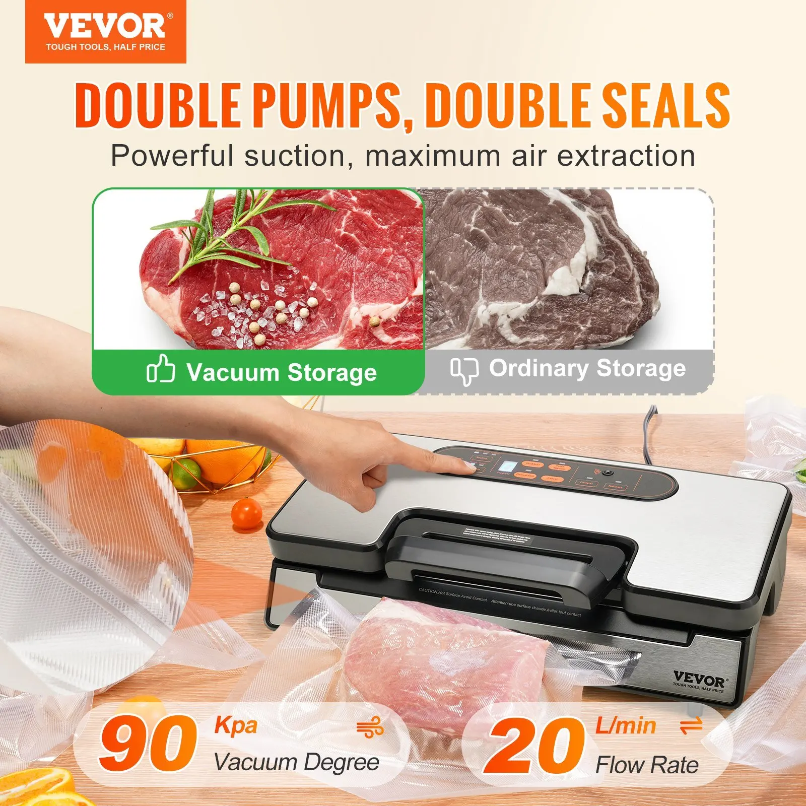 Vacuum Sealer Machine, 90Kpa 130W Powerful Dual Pump and Dual Sealing, Dry and Moist Food Storage, Automatic and Manual Air Seal