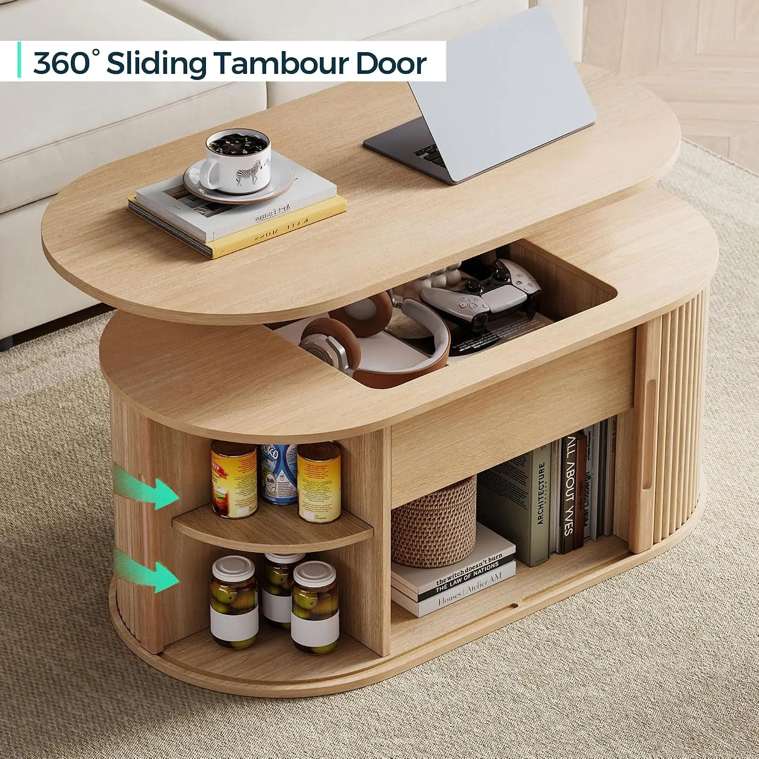 Oval Fluted Lift Top Coffee Table with Tambour Storage, 39