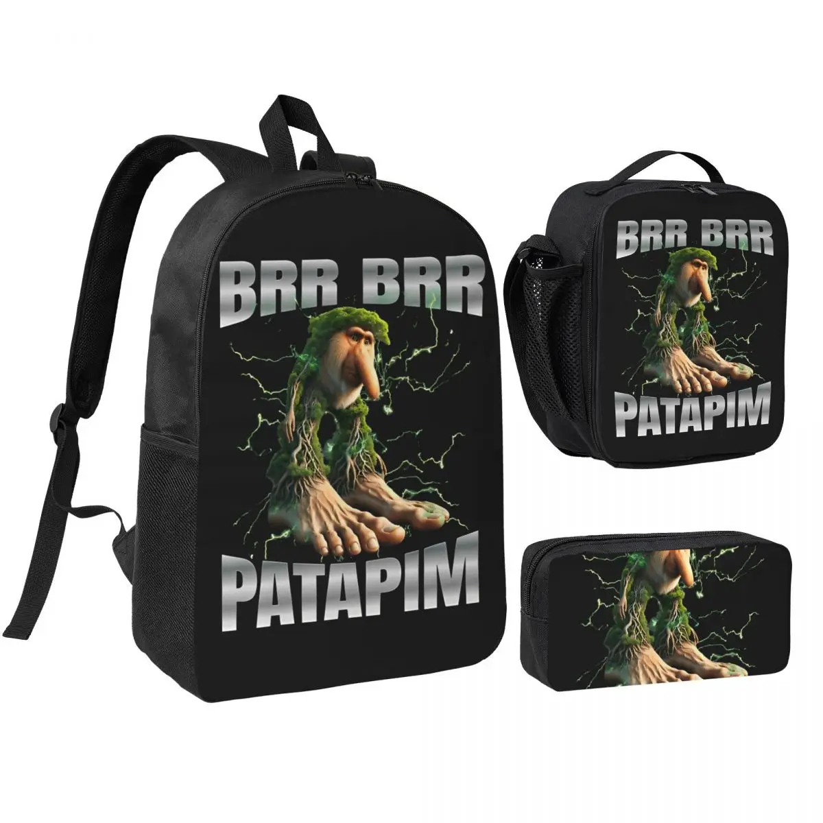3pecs/set Funny Brr Brr Patapim Meme Backpack for Student Italian Brainrot High School Daypack Lunch bag Pencil Case
