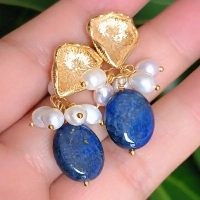 Pure handmade Lapis Lazuli + Fresh water pearl rice earrings Fashion Christmas Wedding New Hook