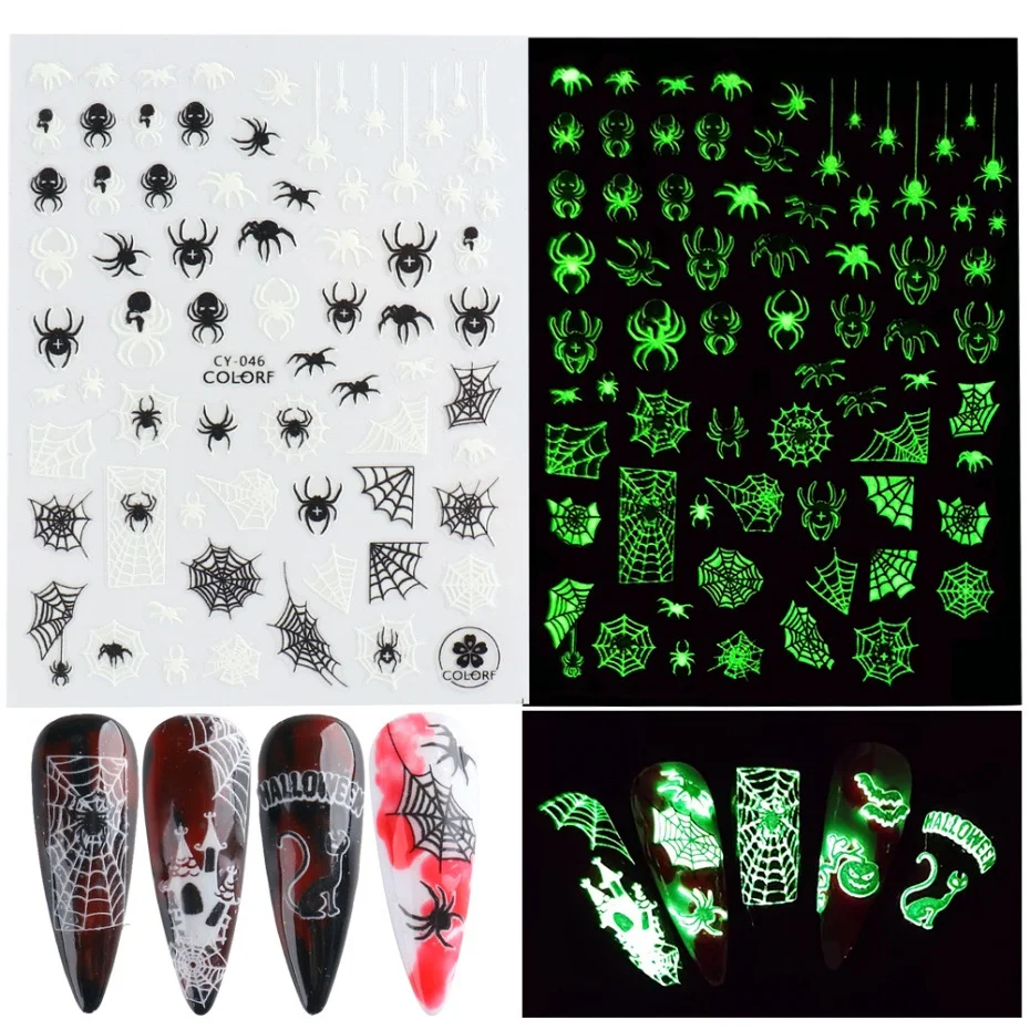 

1Pcs 2024 Halloween Luminous Nail Art Stickers Spiders/ Bat/Ghosts/Pumpkins Design Nail Decals DIY Self-Adhesive Nail Stickers &