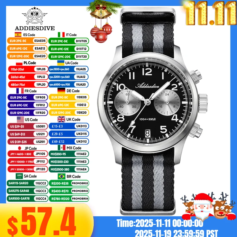 

ADDIESDIVE AD2538 Watch For Men 316L Stainless Steel 39mm BGW9 Luminous 100m Waterproof Chronograph VK64 Movement Quartz Watches