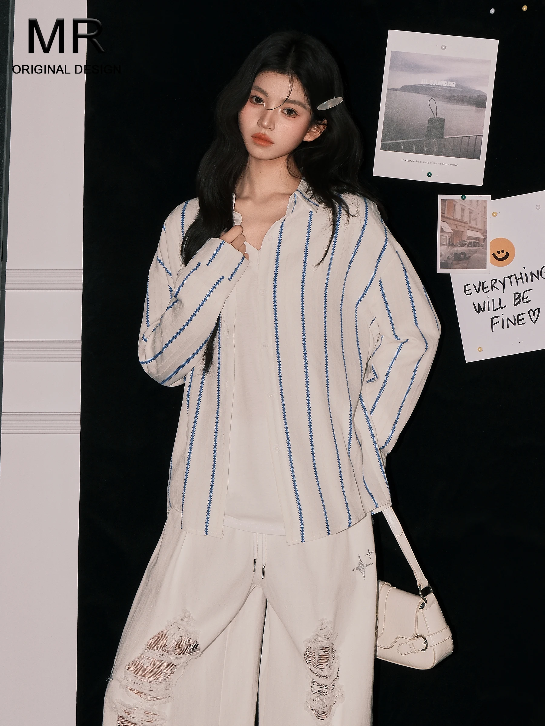 

Korean Stripe Design Long Sleeve Women's Shirt Casual Loose Style Slimming Outerwear Top for Autumn Season New Arrival